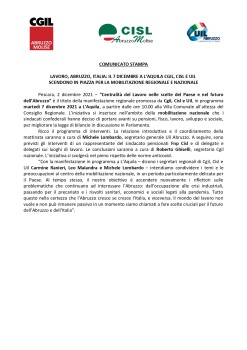 LAVORO: IL 7 DICEMBRE A L’AQUILA CGIL, CISL E UIL  SCENDONO IN PIAZZA